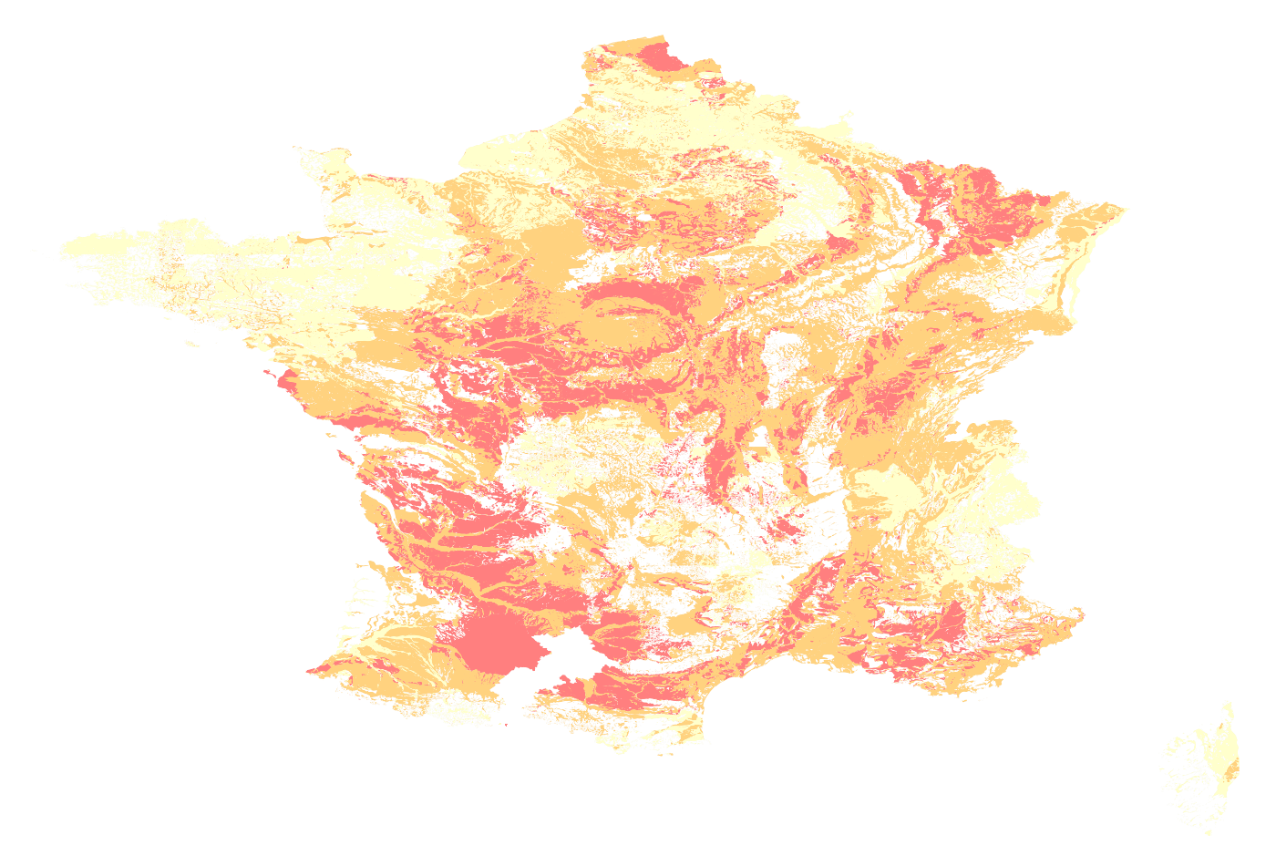 Carte sommaire de l'exposition au retrait-gonflement des argiles en France métropolitaine